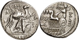 RÖMISCHE REPUBLIK : Silbermünzen. 
Marcus Aemilius Scaurus & Publ. Plautius Hypsaeus Aediles 58 v. Chr. Denar 4,09g. Aretas v. Nabataea kniet n.r. ne...