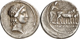 IMPERATORISCHE PRÄGUNGEN. 
"CAESAR" (der spätere Augustus) 44-27 v. Chr.(-14). Denar (29/27 v.Chr.) 3,49g, Brindisi / Rom. Apollokopf n.r. / "Caesar"...