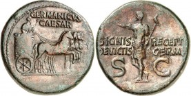RÖMISCHES KAISERREICH. 
Germanicus, Vater d. Caligula, Bruder d. Claudius 15 v. Chr. -19 n. Chr. AE-Dupondius, postum (37/41) 16,2g. Germanicus fährt...