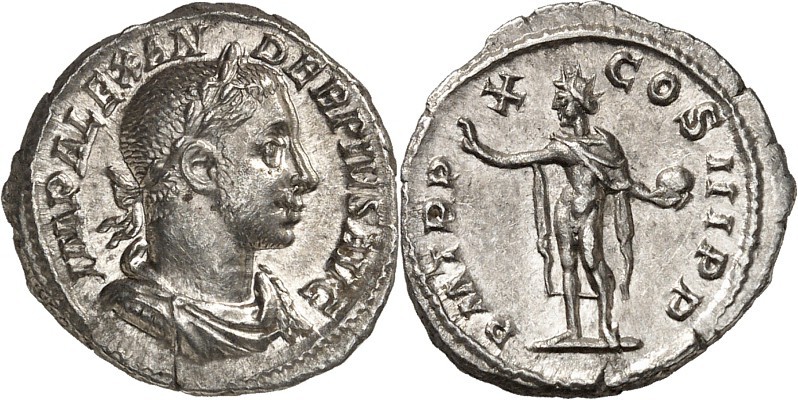 RÖMISCHES KAISERREICH. 
SEVERUS ALEXANDER 222-235. Denar (231) 2,79g. Paludamen...