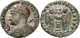 RÖMISCHES KAISERREICH. 
CONSTANTINUS I. der Große, Augustus 306(310)-337. AE-Follis 17mm (319) 3,09g, Siscia. Behelmte gepanzerte Büste mit Speer und...