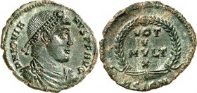 RÖMISCHES KAISERREICH. 
IOVIANUS 363-364. AE-Centenionalis 19/20mm 2,84g, Sirmium, 1. Off. Paludamentbüste m. Perlendiadem n.r. D N IOVIA-NVS P F AVG...