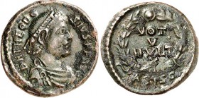 RÖMISCHES KAISERREICH. 
THEODOSIUS I. 379-395. AE-Halbcentenionalis 15mm (379/383) 1,80g, Siscia, 1. Off. Paludamentbüste m. Perlendiadem n.r. D N TH...