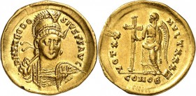 RÖMISCHES KAISERREICH. 
THEODOSIUS II. 402-450. Solidus (422) 4,41g, Konstantinopel, 7. Offizin. Panzerbüste mit Helm, Perlendiadem, Schild u. Lanze ...