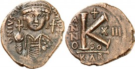 BYZANZ. 
IUSTINIANUS I. 527-565. AE-Halbfollis 29/27mm ("13"= 539/540) 10,69g, Carthago, 2. Off. Helmbüste v.v. D N IVSTINI-ANVS PP AVI (AV ligiert) ...