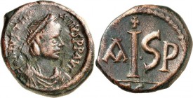BYZANZ. 
IUSTINIANUS I. 527-565. AE-2/5 Follis zu 16 Nummi (gegen 542) 7,14g Thessalonica (Saloniki). Büste n. r. D N IVSTINI - ANVS PP AVG / Großes ...