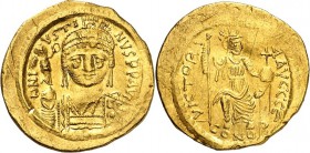 BYZANZ. 
IUSTINUS II. 565-578. Solidus (567/578) 4,36g, Konstantinopel, 10. Off. Stoppelbärtige Helmbüste m. Victoriolaglobus v.v. D m I-VSTI-NVS PP ...