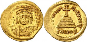 BYZANZ. 
TIBERIUS II. CONSTANTINUS 578-582. Solidus (579/582) 4,48g, Konstantinopel. Panzerbüste mit Perlendiadem, Schild u. Kreuzglobus, v.v. D M TI...