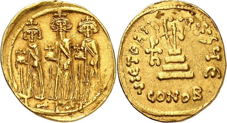 BYZANZ. 
HERACLIUS m. HER.CONSTANTINUS u. Heraclonas Caesar 632-638. Solidus !u...
