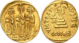 BYZANZ. 
HERACLIUS m. HER.CONSTANTINUS u. Heraclonas Caesar 632-638. Solidus !u. Heracl. AUGUSTUS! ("5"= 631/632) 4,43g, Konstantinopel, 5. Off. Hera...