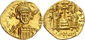 BYZANZ. 
KONSTANTINOS IV. mit Heraklios und Tiberios 668-680. Solidus (674/680) 4,34g, Konstantinopel, 6. Off. Helmbüste mit Schild u. Lanze fast v.v...