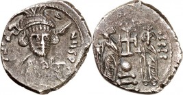 BYZANZ. 
KONSTANTINOS IV. mit Heraklios und Tiberios 668-680. Hexagramm (669/674) 5,26g, Konstantinopel. Panzerbüste m. Helm u. Lanze fast v.v. [d N ...