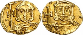 BYZANZ. 
LEON III. mit KONSTANTINOS V. 720-741. Semissis (737/741) 1,22g, Konstantinopel. Chlamysbüste Leo III. mit Kreuzkrone, Kreuzglobus und Akaki...