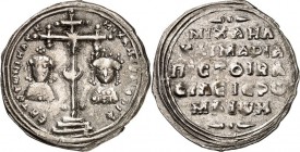 BYZANZ. 
MICHAEL VII. Dukas 1071-1078. Miliarision 2,21g, Konstantinopel. Lorosbüsten v. Michael u. s. Gemahlin Maria v.v. neben Stufenkreuz EN TOYTW...