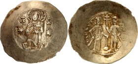 BYZANZ. 
MANUEL I. Komnenos 1143-1180. Aspron trachy 4,25g, Konstantinopel. Christkönig steht v.v. zw. 2 Sternen / Kaiser u. hl. Theodor halten Patri...