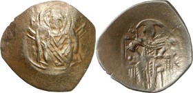 BYZANZ. 
MICHAEL VIII. Palaiologos 1261-1282. AE-Trachy 21/24mm 2,10g, Konstantinopel. Hüpftbild d. betenden Theotokos v.v. MP - Q V / Kaiser thront ...