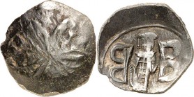 BYZANZ. 
ANDRONIKOS II. Palaiologos 1282-1328. AE-Trachy 20/18mm 1,41g, Thessalonike. 6-blättrige Blüte v.oben / Kaiser steht in Ornat v.v. und präse...