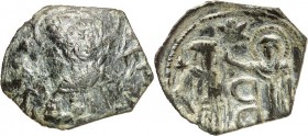 BYZANZ. 
ANDRONIKOS II. Palaiologos 1282-1328. AE-Trachy 20/18mm 1,33g, Thessalonike. Hl. Demetriosbüste v.v. / Christus krönt Kaiser; oben Stern; un...