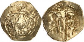 BYZANZ. 
ANDRONIKOS II. und MICHAEL IX. Palaiologoi 1295-1320. Hyperpyron (1295/1303) 4,18g. Betende Madonna v.v. in Stadtmauer m. 6 Bastionen; Beize...