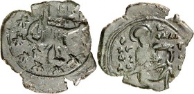 BYZANZ. 
ANDRONIKOS III. Palaiologos 1328-1341. AE-Trachy 21/19mm 1,26g, Thessalonike.Thronender Hl. Demetrius hält Schwert über den Knien / Andronik...