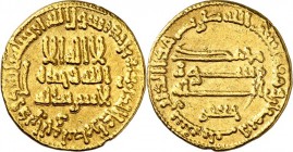 DIE KALIFEN. 
ABBASIDEN. 
Harun al-Rashid 786-809 (170-193&nbsp;AH). Gold-Dinar 183 H, 4,23g ohne Ort, mit Gouv. Ja'far. Kazan&nbsp; 94. . 

ss