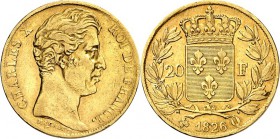 FRANKREICH. 
Charles X. 1824-1830. 20 Francs 1826 Q Perpignan Kopf n. r. / Gekröntes Wappen RR nur 4574 Expl. Schlumb.&nbsp; 190, Fr.&nbsp; 551, Gad....
