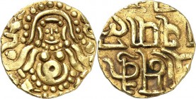 INDIEN-Nord Indien - Hindu Dynastien. 
Gahadavalas v. Kanuj & Kasi (Varanasi). 
Govinda Chandra ca. 1114.-1154. Gold-Dinar 4,10g. Sitzende Göttin La...