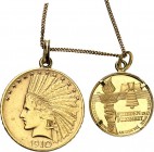 USA. 
10 Dollar 1910 Indian head an Goldkette mit Gold-Medaille a.d.Tod J.F.Kennedy 20 mm in Fassung 900 fein, Kette u.Fassung 585/750 fein, gesamt 2...