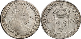 FRANKREICH. 
Louis XIV. 1643-1715. 1/2 Ecu zu 44 Sols aux insignes 1709 BB de Straßbourg. Brb. n.r. / Gekr. Wappen. Gad.&nbsp; 200, KM&nbsp; 409.2. 1...