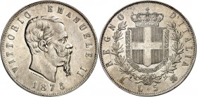 ITALIEN. 
KÖNIGREICH. 
Vittorio Emanuele II. 1861-1878. 5 Lire 1875 BN M, Mailand. KM&nbsp; 8.3. 27009. 

vz
