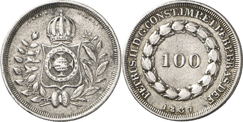 BRASILIEN. 
Portugiesisch. 
Pedro II. 1831-1889. 100 Reis 1837. KM&nbsp; 452. ...
