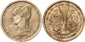 KAMERUN. 
Probe 2 Francs 1948 Ni-Br. Brb. n.l. vor Schiffen, im Abschnitt ESSAI / Gazellenkopf. KM. E6, zu 9, Gad./C. 9. 28159. 

vz-St