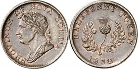 KANADA. 
Nova Scotia. 
Wilhelm IV. 1830-1837. Cu-Half Penny Token 1832 Kopf l. / Distel 28 mm. K.M. 2a. 29527. 

ss/vz