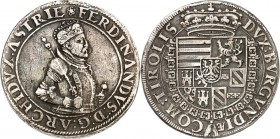 Römisch Deutsches Reich. 
Ferdinand II., Erzherzog 1564-1595. Reichstaler o.J. Hall. Geharn. Hüftbild mit Fürstenhut n.r. / Wappen auf Vlieskette unt...