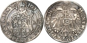 STANDESHERREN-Salzburg, Erzbistum. 
Joh. Jakob Khuen v. Belasy 1560-1586. Zehner 1573 Brustb. des Heiligen ü.Wappen/ Gekr. Doppeladler ü. Wappen. Pr....