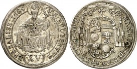 STANDESHERREN-Salzburg, Erzbistum. 
Maximilian Gandolf, Graf von Küenburg 1668-1687. 15 Kreuzer 1685 Wappen unter Legatenhut / Hl. Rupertus. Pr.&nbsp...