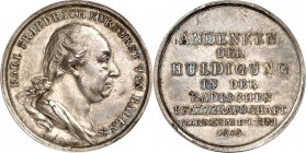 Baden-Durlach. 
Karl Friedrich 1738-1803 (-1806 -1811). Medaille 1803 (v. Boltschauser) Huldigung in Mannheim. Büste n. r. / 8 Zeilen Schrift, Ag-35,...