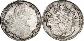Bayern. 
Maximilian III. Joseph 1745-1777. Konv.-Taler 1765 A, Amberg. Geharn. Brb. n.r.&nbsp;/ Madonna. Hahn&nbsp; 330, Dv.&nbsp; 1954, Schön&nbsp; ...