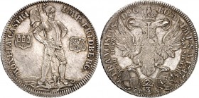 Friedberg, Reichsburg. 
Johann Eitel II. Diede zum Fürstenstein 1745-1748. 2/3 Taler (Gulden) 1747 Stehender St.Georg v. v. mit Kreuzfahne zw. 2 Wapp...