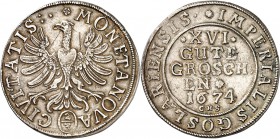 Goslar-Stadt. 
XVI Gute Groschen 1674. C.H.S. Adler / 6 Z. Wert, Jahr u.&nbsp;Mmz. BBK&nbsp; 305 Bb. Dv. 524, .. 

R l. Kratzer ss