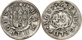 Hamburg-Stadt. 
z.Z. Leopold I. 1657-1705. 1&nbsp;Schilling (1/48 Taler) 1687. Gaed.&nbsp; 976. . 

ss