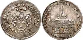 Hamburg-Stadt. 
z.Z. Leopold I. 1657-1705. Medaille 1697 a.d.Tod des Bürgermeisters J. Schulte Behelm.Wappen in 2 facher Us./Gebäude (Rathaus?) Ag 29...