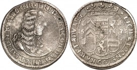 Hanau-Lichtenberg. 
Friedrich Kasimir 1641-1685. Gulden (60&nbsp;Kreuzer) 1673 M-G Hanau. Drap. Brb. n.r.&nbsp;/ Gekr. Wappen. Such.&nbsp; 489, Dv.&n...