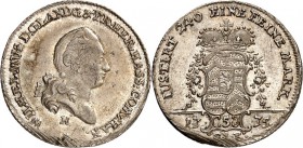 Hanau-Münzenberg. 
Wilhelm IX. (1760-)1764-1785(-1821). 1/24 Konv.-Taler = 5 Kreuzer 1775 H/C.L.R. Kopf n.r. / Gekröntes mit Blüten verziertes Wappen...