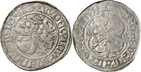 Hessen-Landgrafschaft. 
Ludwig II. 1458-1471. Zweischildgroschen (1457/65) 2,42g Balkenkreuz, Kassel&nbsp;? Us. endet o&nbsp;L L Löwe steigt n.l.; l....