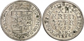 Hessen-Darmstadt. 
Ludwig VIII. 1739-1768. 12&nbsp;Kreuzer 1759 A*K*/7 Fürstenwappen / 5 Z. Wert, Jahr u. Mmz. Schütz&nbsp; 3002, Schön&nbsp; 67, Hof...