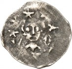 Hohenlohe-Neuenstein-Weikersheim. 
Ulrich 1380- 1407. u.Friedrich 1382-1392 Pfennig 0,49g Öhringen, Kopf ohne Barett v.vorn zw. V-O im Kreis v. 7 Ste...