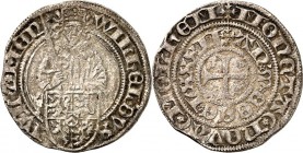Jülich-Jülich-Berg, vereinigte Hzgt., 1423-1511. 
Wilhelm IV. 1475-1511. Bausche 1482 Mülheim. Hüftbild des Herzogs über Wappen / Kleines Fußkreuz in...