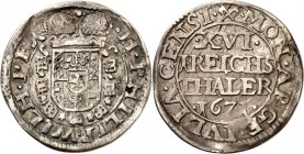 Jülich-Jülich-Berg, Hzgt. unter Pfalz 1624-1806. 
Philipp Wilhelm 1653-1679. 1/16 Reichstaler 1671 Fürstenhut ü. Wappen in Ordenskette/ 4 Z. Wert. No...
