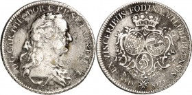 Jülich-Jülich-Berg, Hzgt. unter Pfalz 1624-1806. 
Karl Theodor 1742-1799. Ausbeutetaler Feinsilber 1756 Mannheim, Wildberger Ausbeute. Büste n.r. / G...